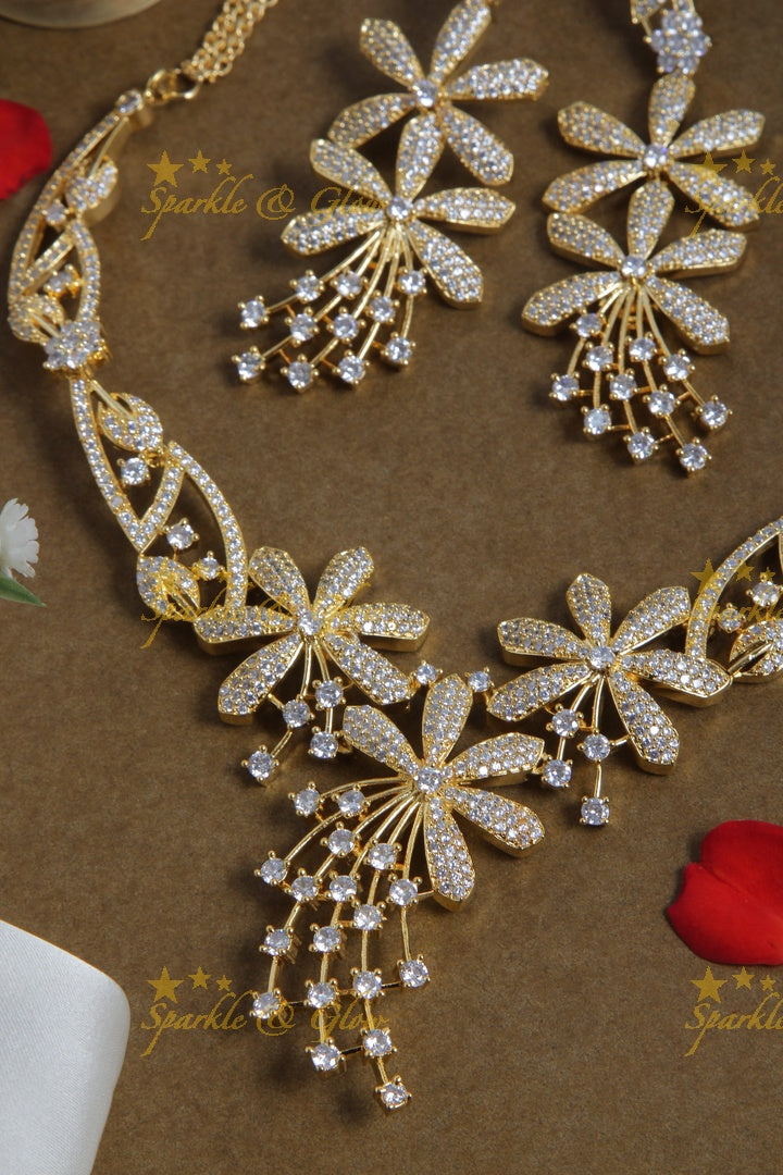Beautiful floral dual polish gold stone AD necklace
