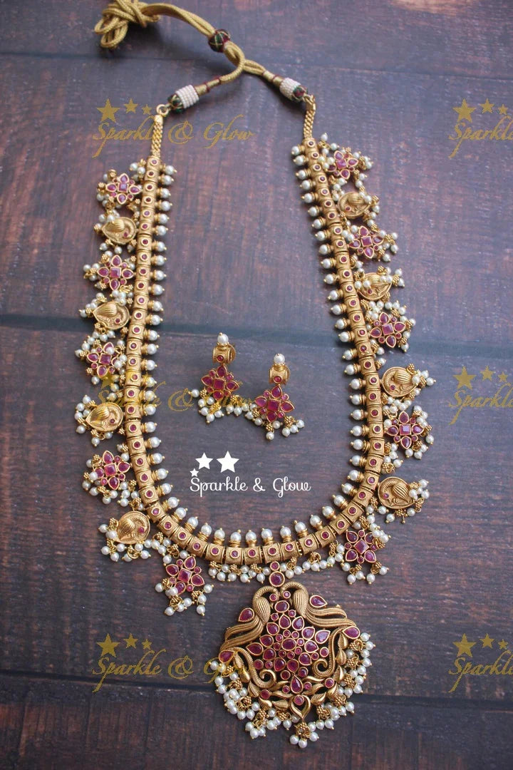 Exquisite long peacock gutta pusalu with kemp stones- Multi - Sparkle and Glow