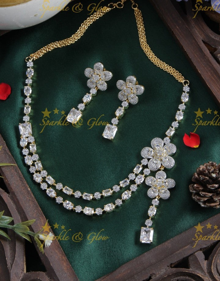 Two layered necklace with one sided floral pendent AD necklace