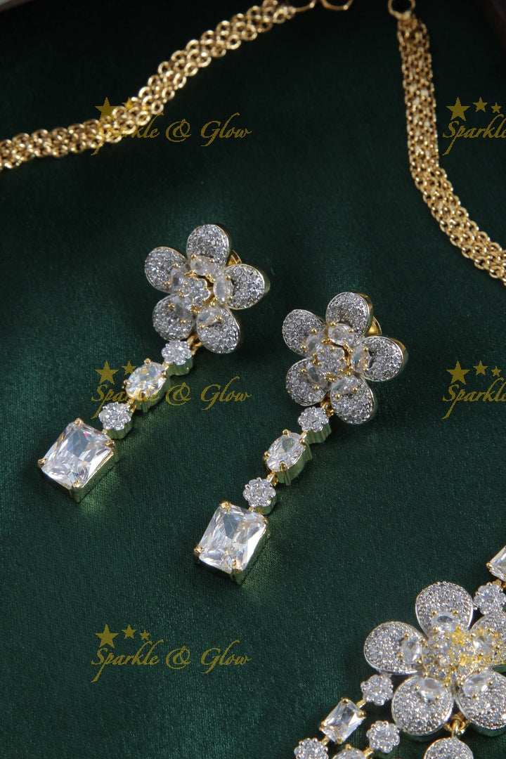 Two layered necklace with one sided floral pendent AD necklace
