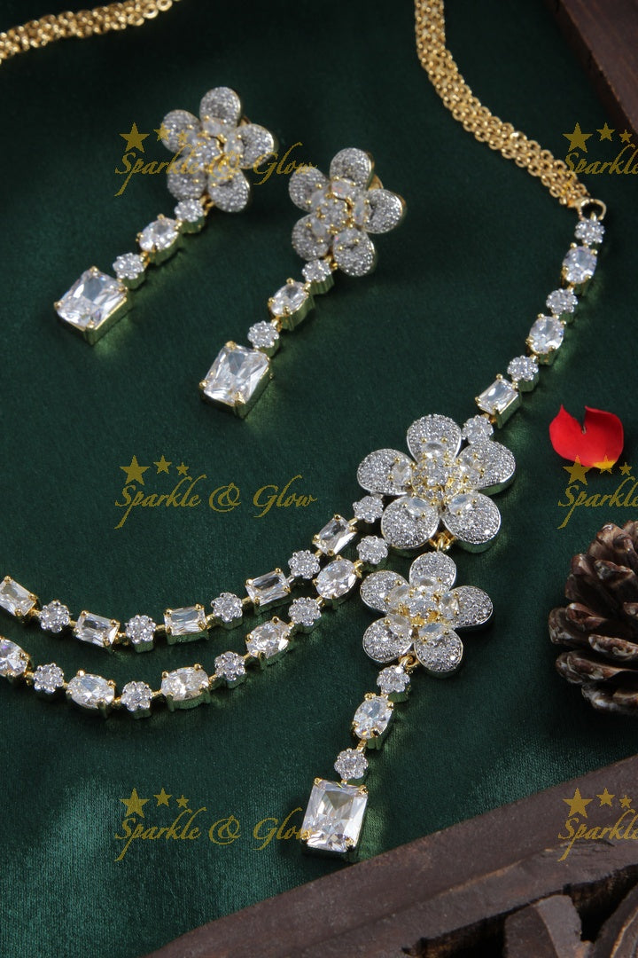 Two layered necklace with one sided floral pendent AD necklace