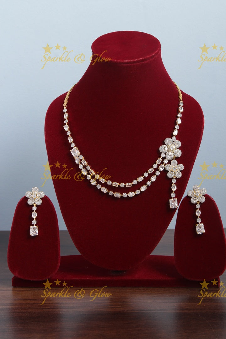 Two layered necklace with one sided floral pendent AD necklace