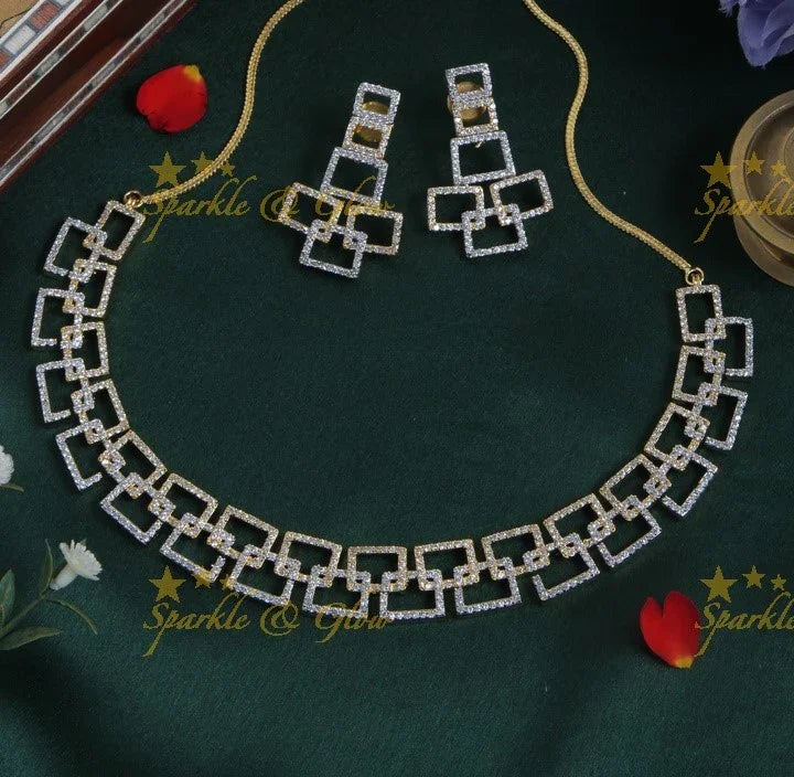 Beautiful dual shade rectange stone design AD necklace - Sparkle and Glow