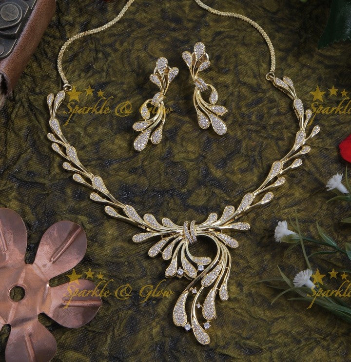 Intricate water drop design AD stone gold necklace