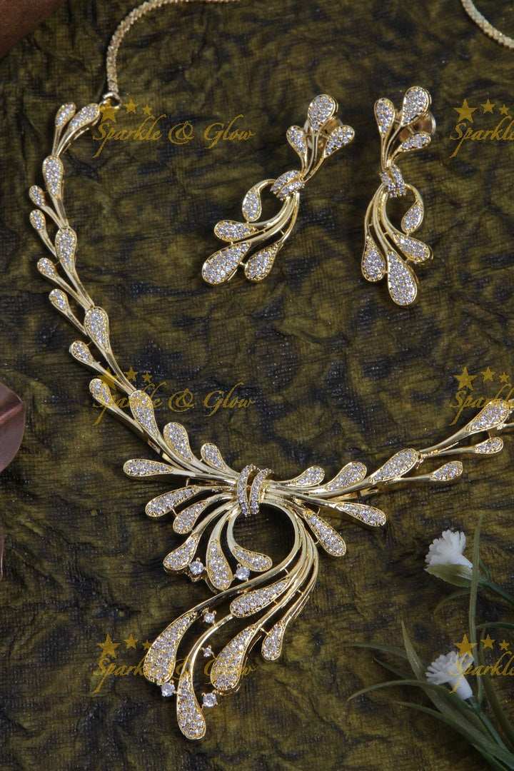 Intricate water drop design AD stone gold necklace