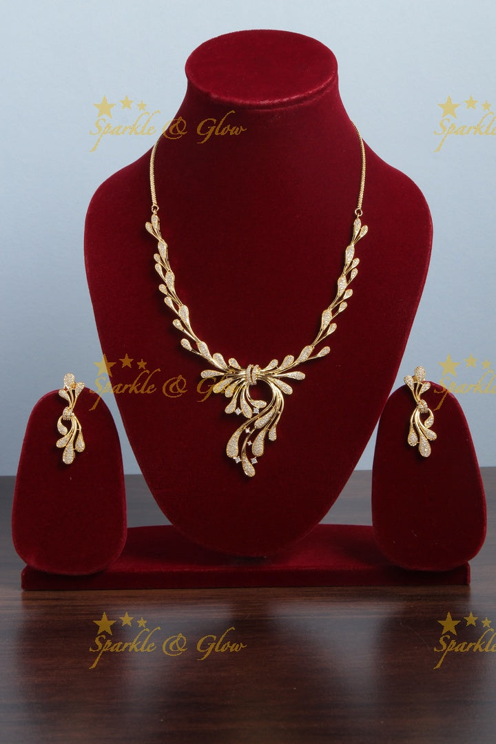 Intricate water drop design AD stone gold necklace