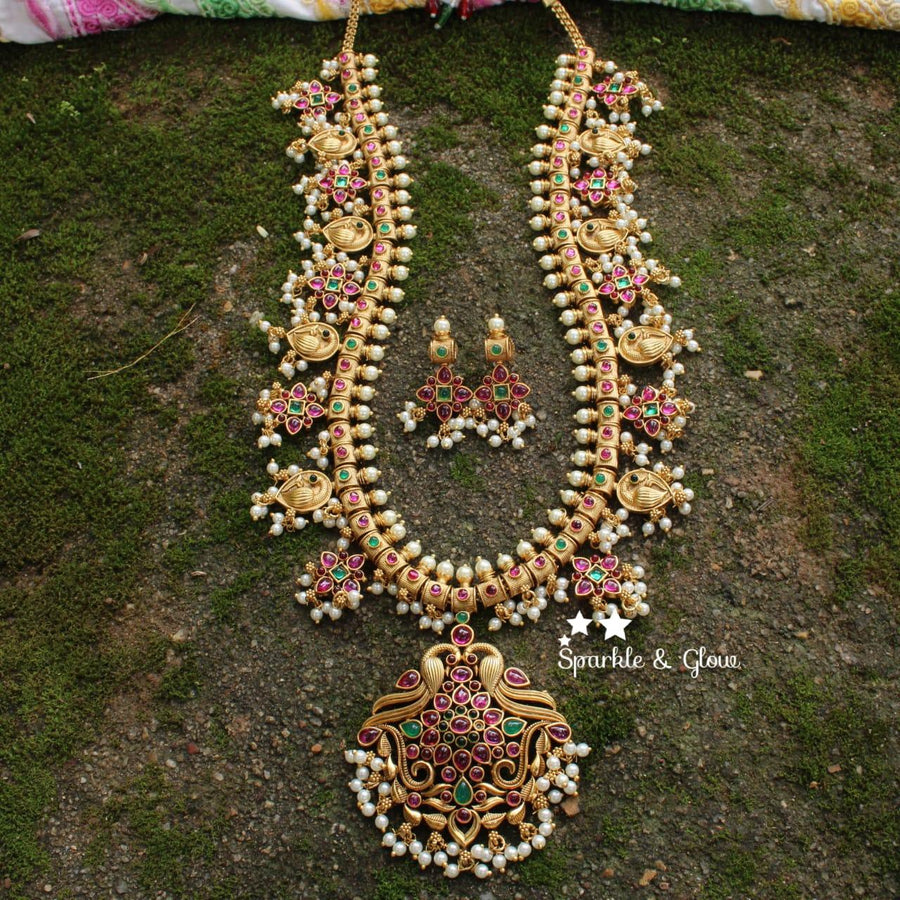 Exquisite long peacock gutta pusalu with kemp stones- Multi - Sparkle and Glow