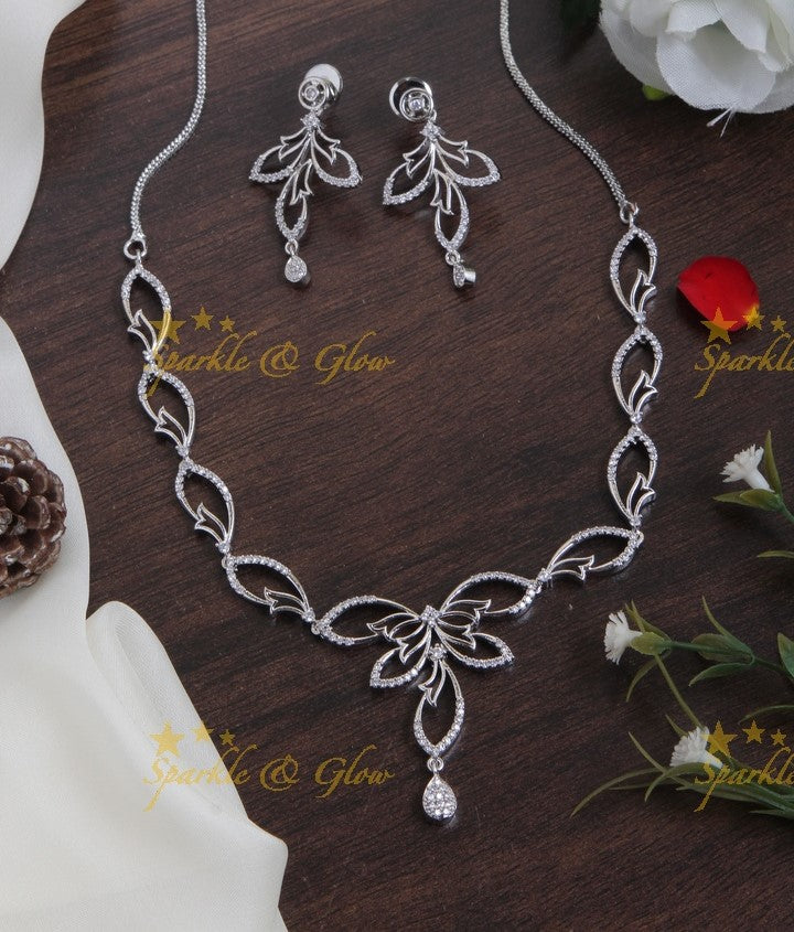 Intricate unique silver heart shape design AD necklace