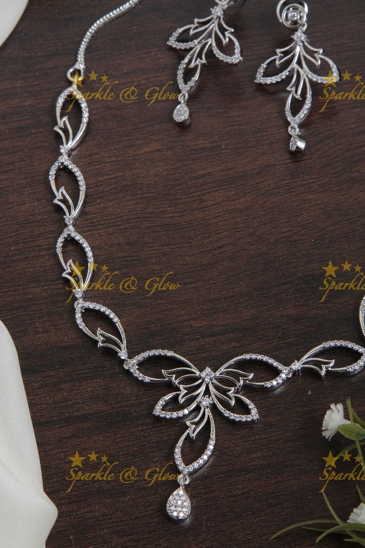 Intricate unique silver heart shape design AD necklace