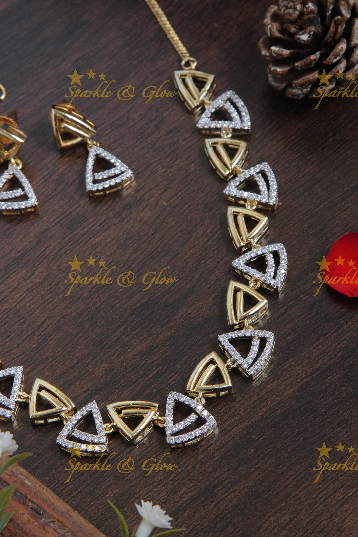 Beautiful triangle dual shade design AD short necklace
