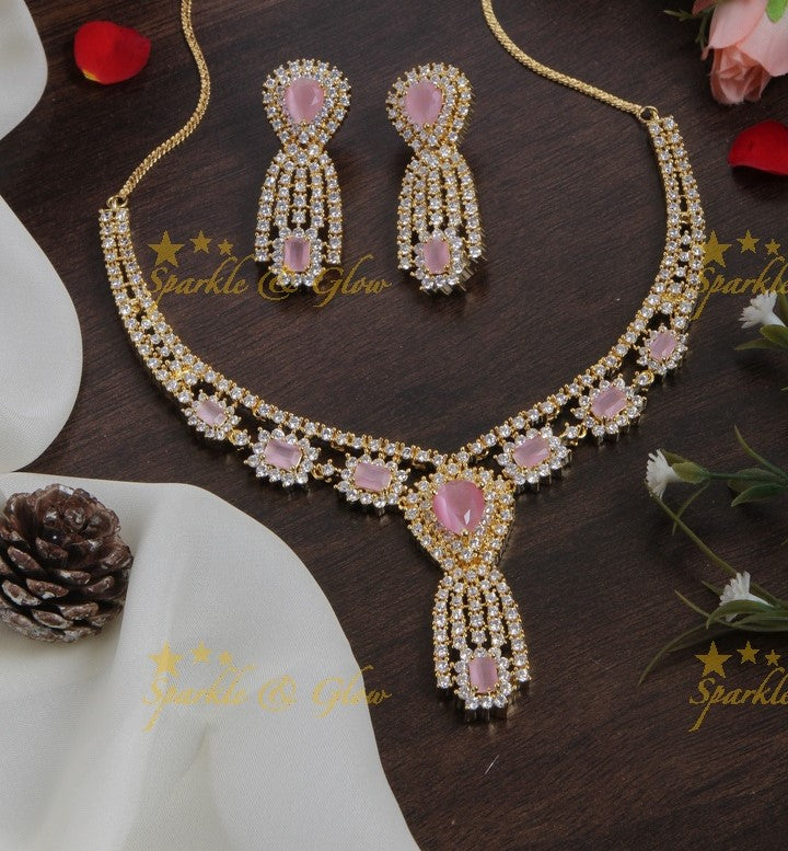 Beautiful gold finish pastel pink stone AD short necklace