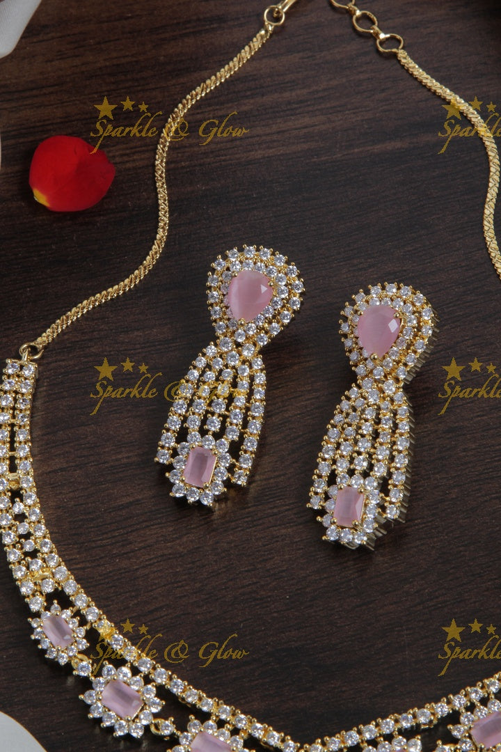 Beautiful gold finish pastel pink stone AD short necklace