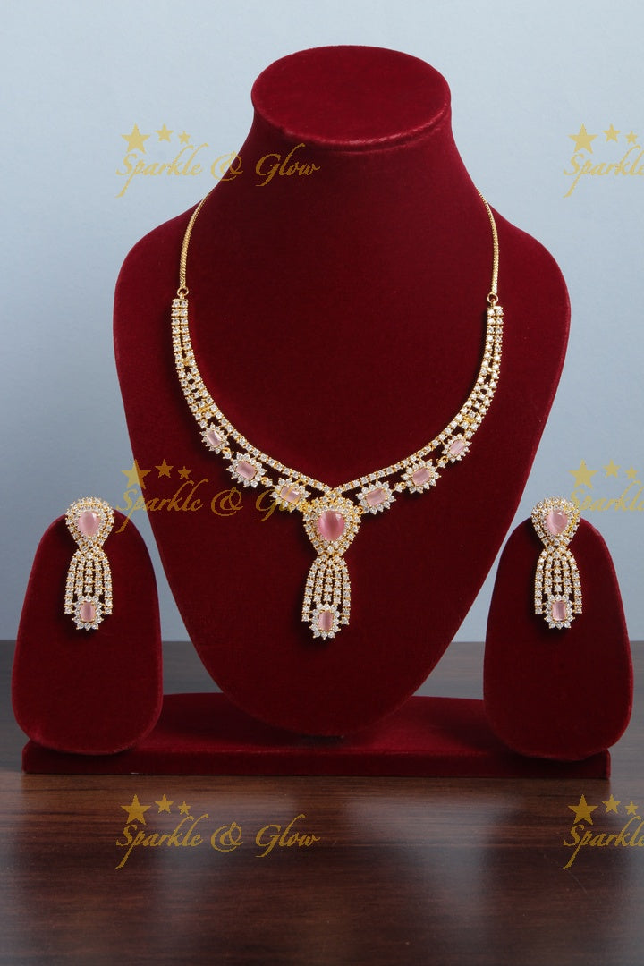 Beautiful gold finish pastel pink stone AD short necklace