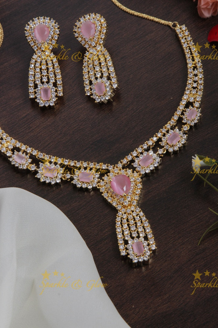 Beautiful gold finish pastel pink stone AD short necklace