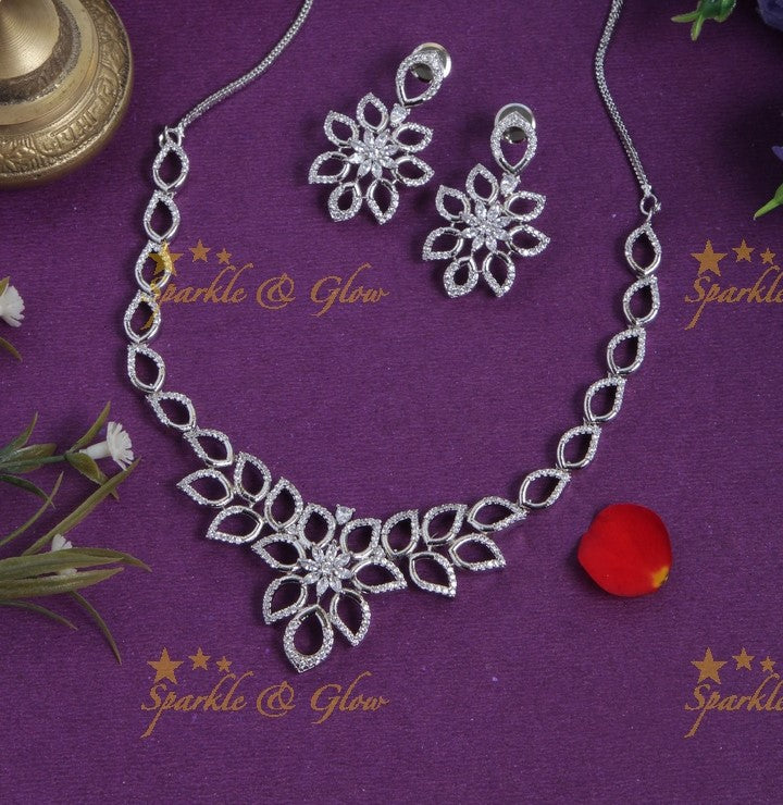 Glorious leaf design floral pendent AD stone short necklace