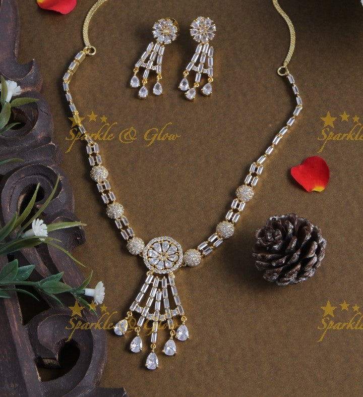 Beautiful gold finish white stone floral AD stone short necklace