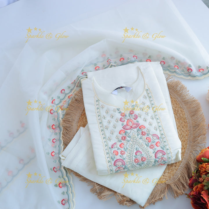 Beautiful Modal Silk Kurti pant with Organza Dupatta set- White