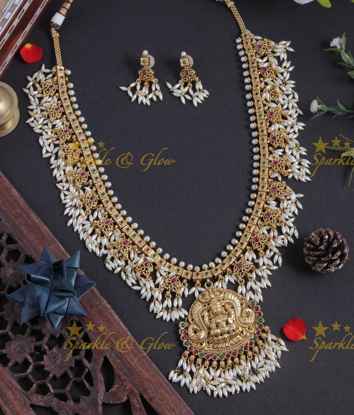 Gold alike long lakshmi carved rice pearl gutta pusalu necklace