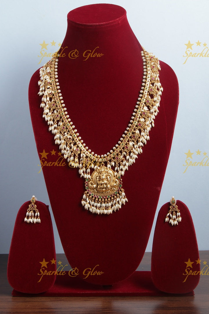Gold alike long lakshmi carved rice pearl gutta pusalu necklace
