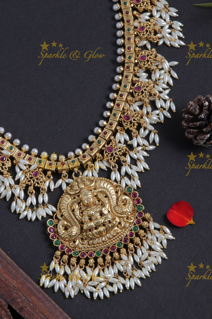 Gold alike long lakshmi carved rice pearl gutta pusalu necklace