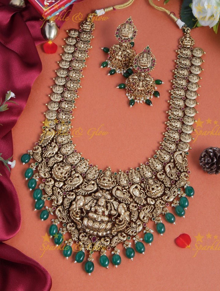 Gold alike bridal grand lakshmi carved long necklace with green beads - Sparkle and Glow - Back Thread - 