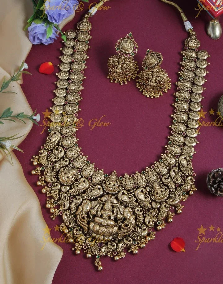Gold alike bridal grand lakshmi carved long necklace with gold beads - Sparkle and Glow