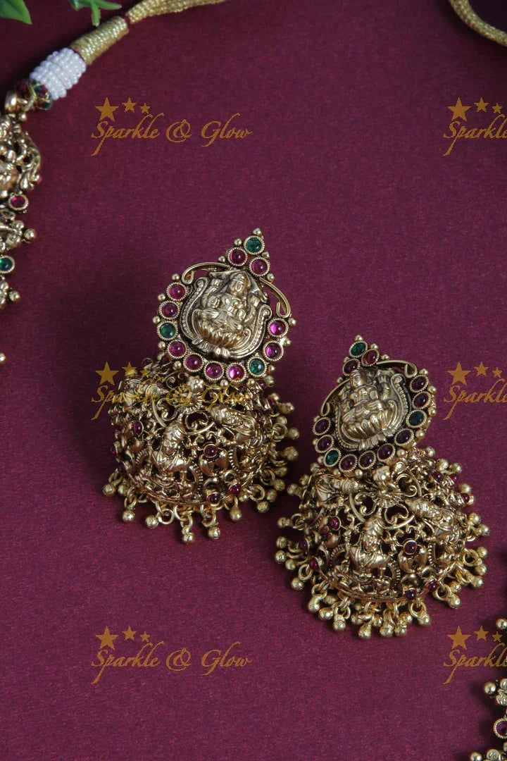Gold alike bridal grand lakshmi carved long necklace with gold beads - Sparkle and Glow