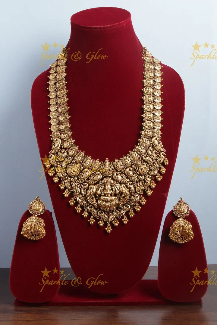 Gold alike bridal grand lakshmi carved long necklace with gold beads - Sparkle and Glow