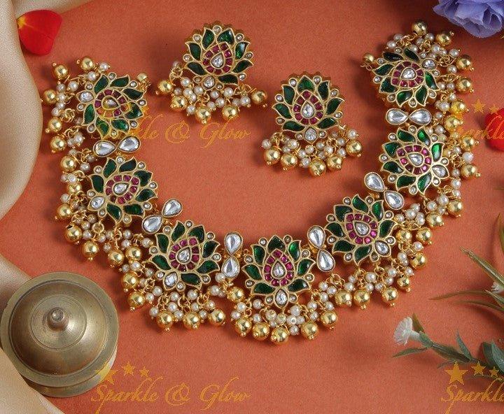 Jadau lotus gutta pusalu necklace - Navarathna - Sparkle and Glow