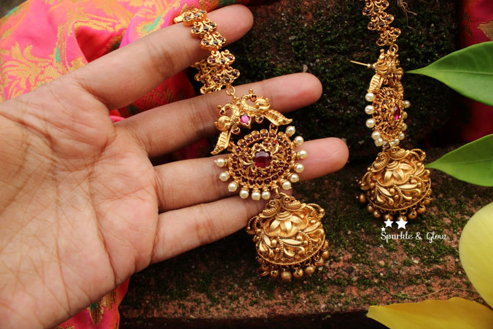 Kemp stones peacock intricate jhumukas with earchain