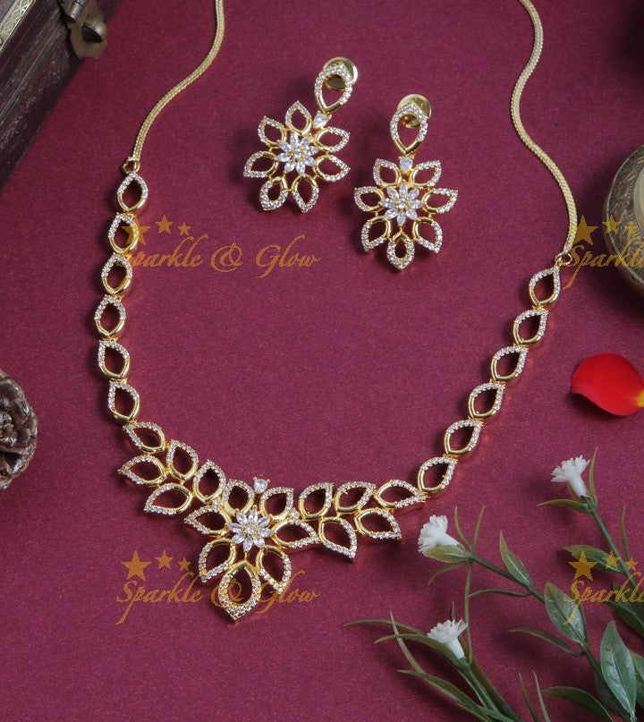 Glorious leaf design floral pendent AD stone short necklace
