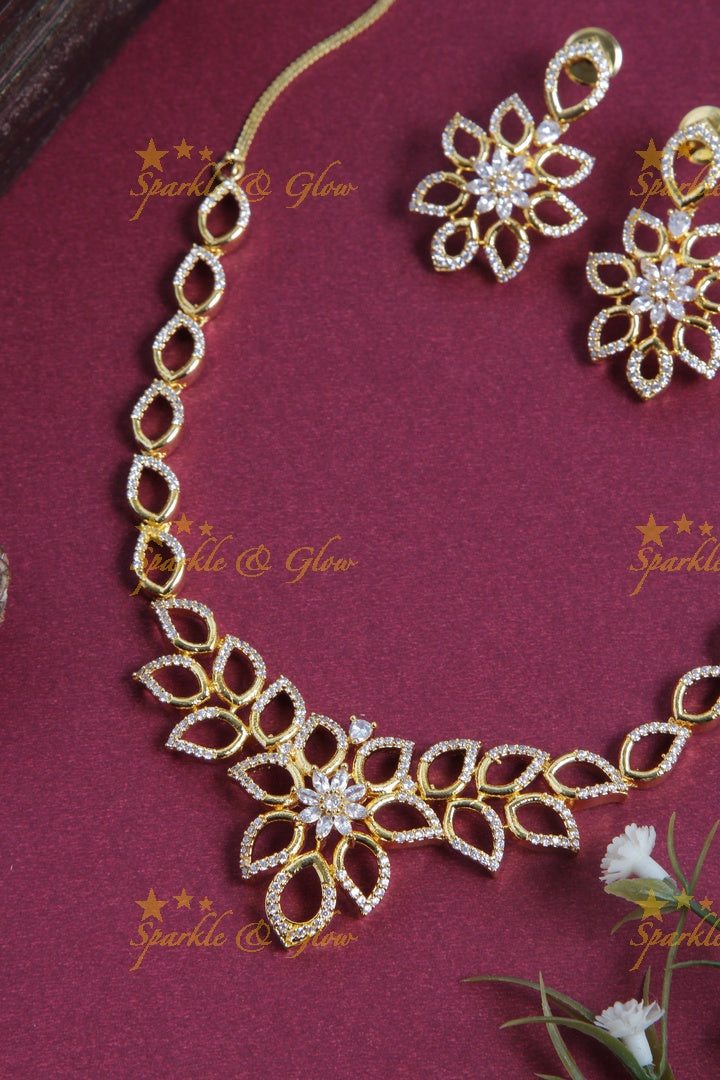 Glorious leaf design floral pendent AD stone short necklace