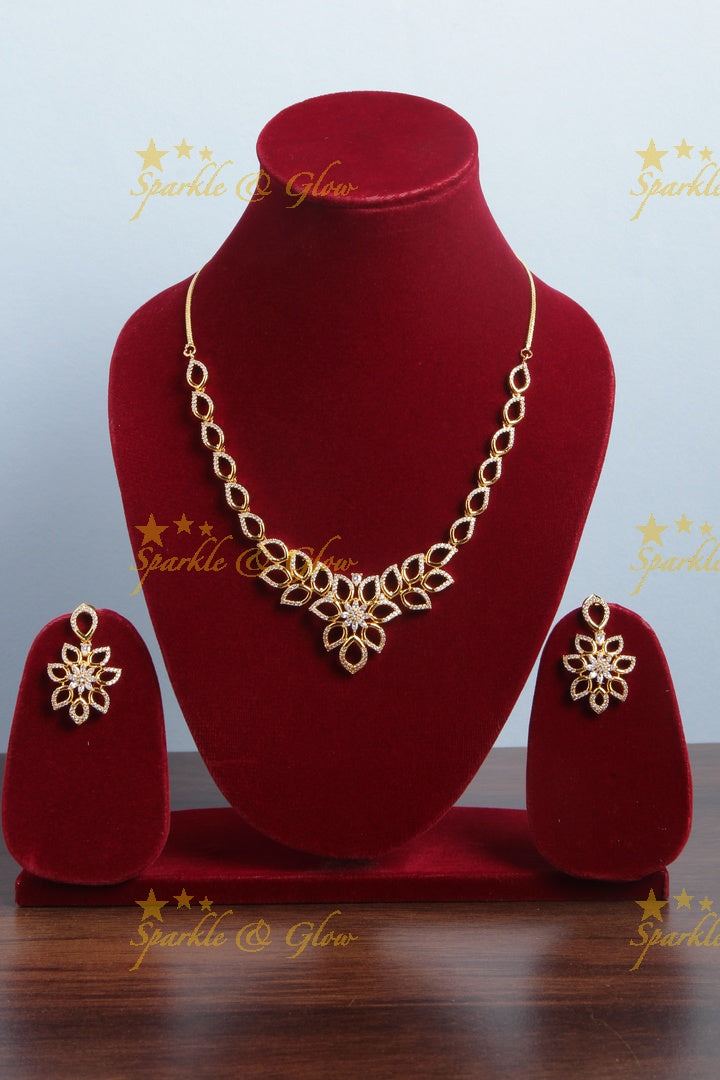 Glorious leaf design floral pendent AD stone short necklace