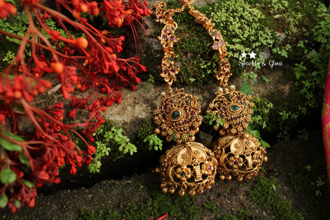 Kemp stones peacock intricate jhumukas with earchain