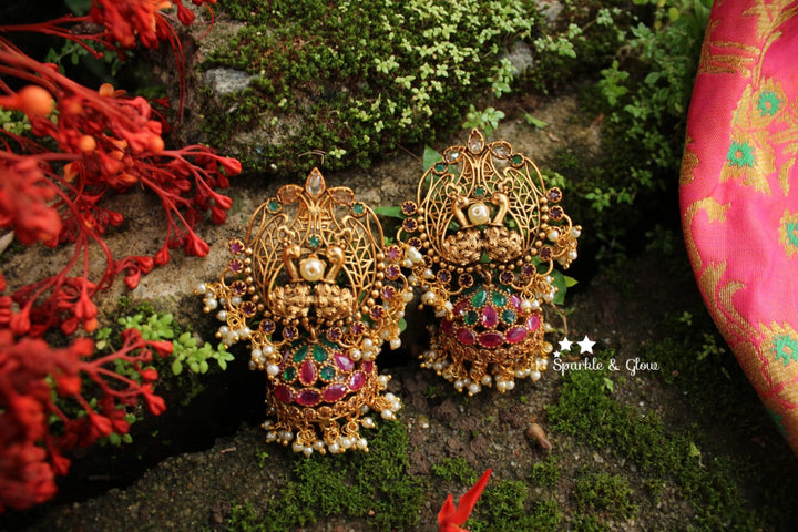 Peacock antique jhumukas with semi precious stones