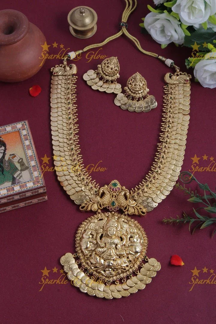 Intricately carved three layered lakshmi coin bridal necklace - Sparkle and Glow