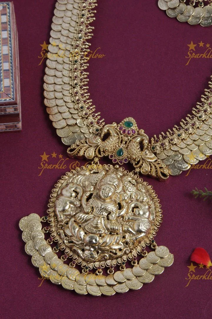 Intricately carved three layered lakshmi coin bridal necklace - Sparkle and Glow