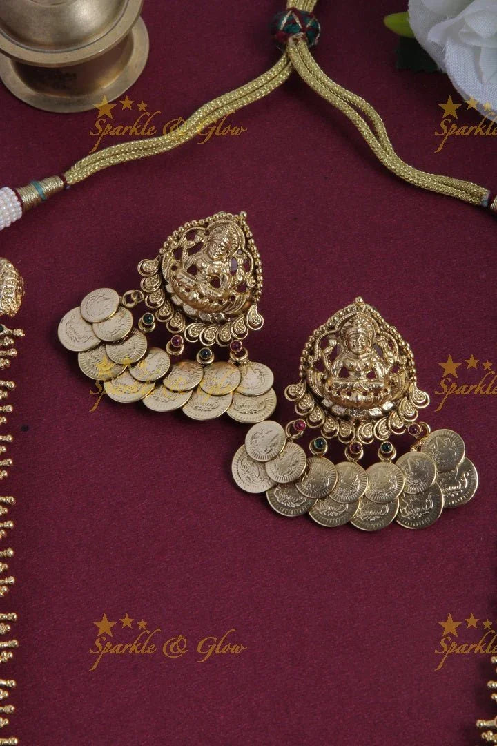 Intricately carved three layered lakshmi coin bridal necklace - Sparkle and Glow