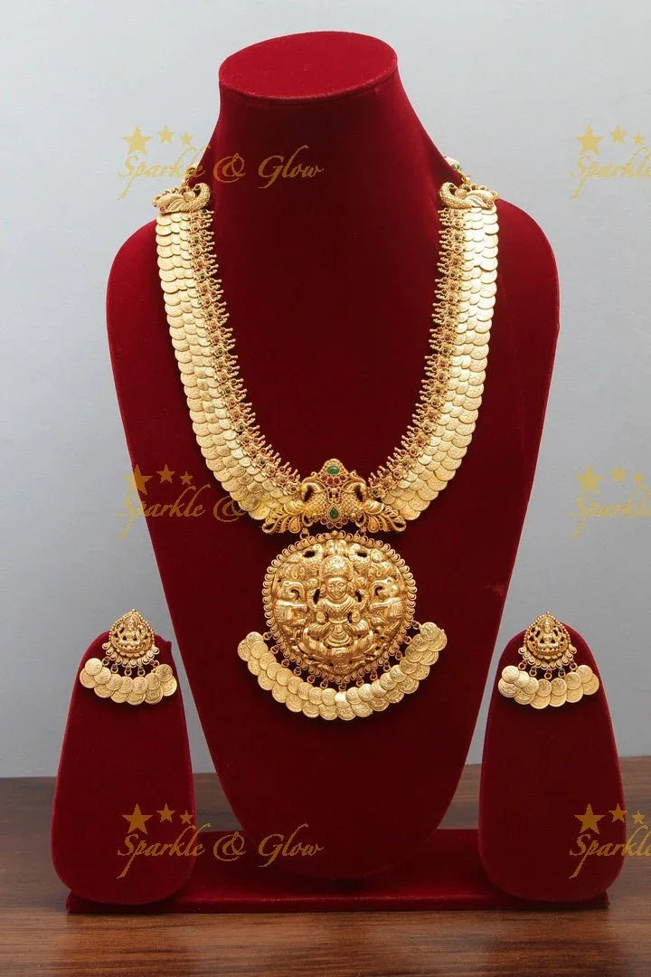 Intricately carved three layered lakshmi coin bridal necklace - Sparkle and Glow