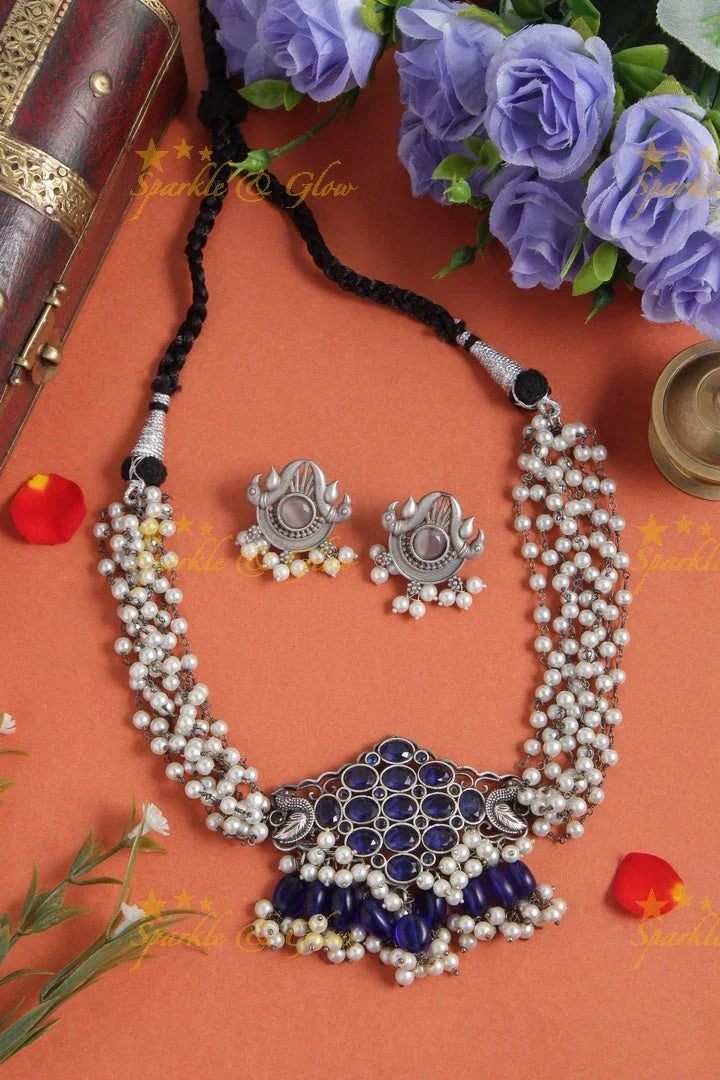 Intricate peacock pendent pearl high neck choker - Blue - Sparkle and Glow
