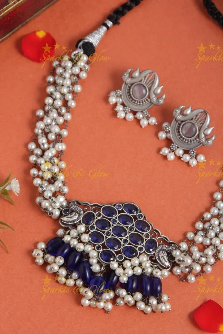 Intricate peacock pendent pearl high neck choker - Blue - Sparkle and Glow