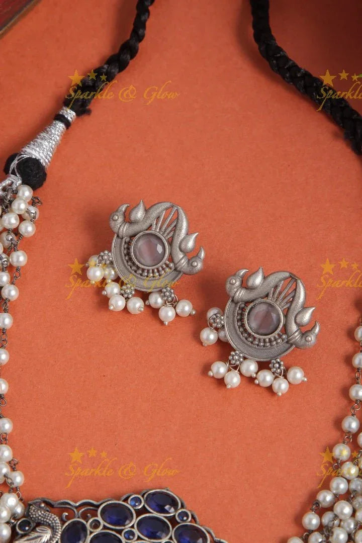 Intricate peacock pendent pearl high neck choker - Blue - Sparkle and Glow