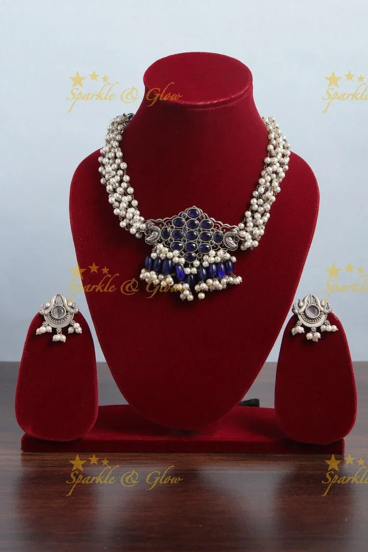 Intricate peacock pendent pearl high neck choker - Blue - Sparkle and Glow