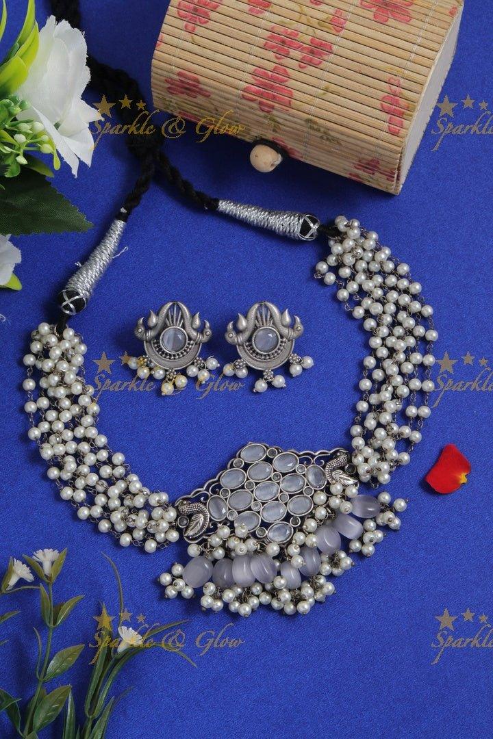Intricate peacock pendent pearl high neck choker - Blue - Sparkle and Glow