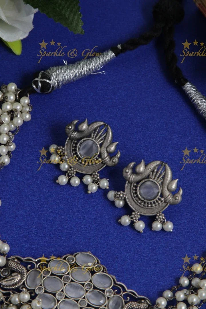 Intricate peacock pendent pearl high neck choker - Blue - Sparkle and Glow