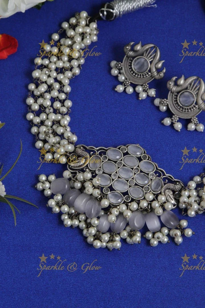 Intricate peacock pendent pearl high neck choker - Blue - Sparkle and Glow