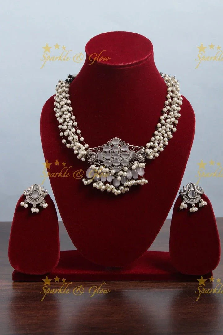 Intricate peacock pendent pearl high neck choker - Blue - Sparkle and Glow