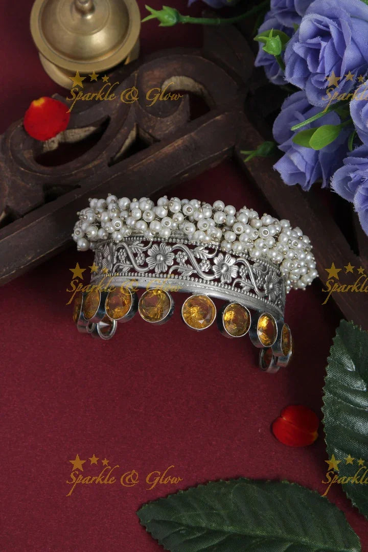 Beautiful silver intricate design pearl cluster bangle - Sparkle and Glow