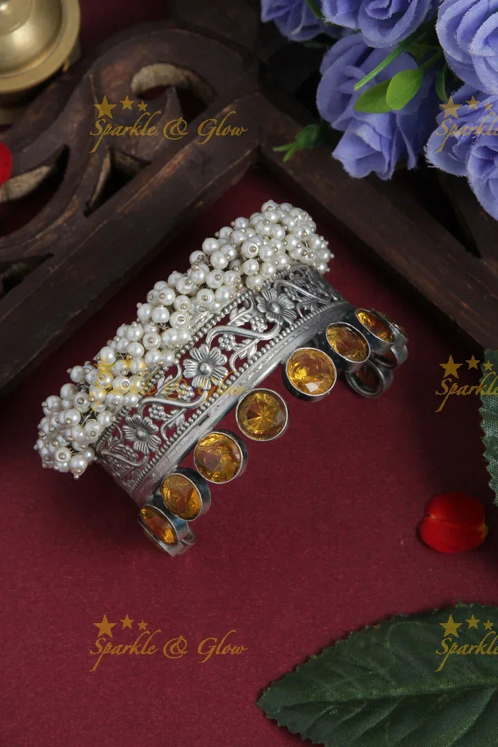 Beautiful silver intricate design pearl cluster bangle - Sparkle and Glow
