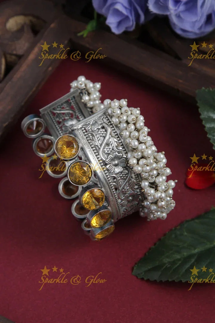 Beautiful silver intricate design pearl cluster bangle - Sparkle and Glow